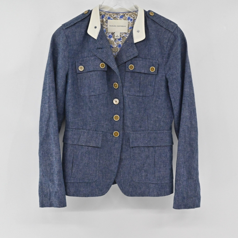 BANANA REPUBLIC Womens Military Jacket Size 4 Blue Preppy Linen‎ Utility Button